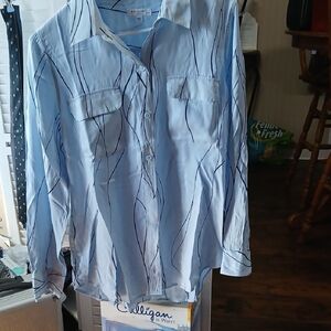 Equipment Light Blue Button-Up Blouse with Navy Abstract Stripes